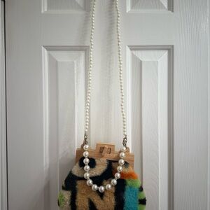 Fuzzy Multicolor Handbag with Pearl Strap